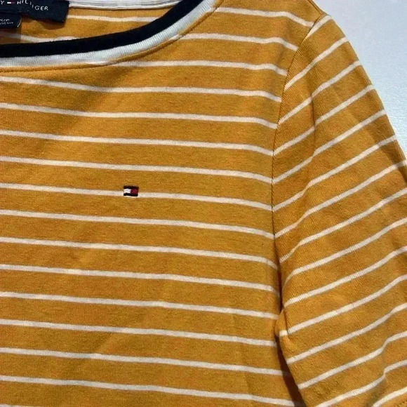 Tommy Hilfiger gold and white striped tee with navy blue trim size S/P. - Picture 2 of 6